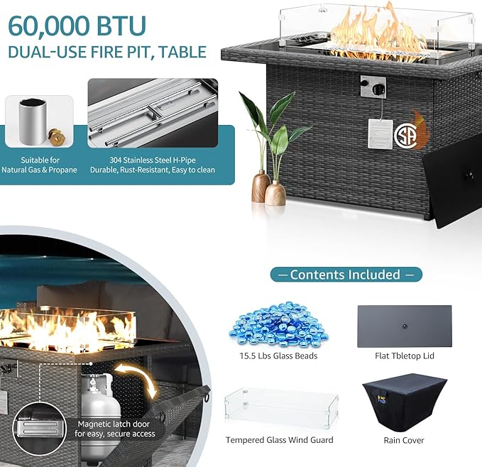 NICESOUL 10 Piece Modern Outdoor Furniture Set with Natural Gas/Propane Fire Pit Table, 29.3'' High-Back Extra Large Patio Sectionals with Firepit, Deep Wide All-Weather Rattan Sofas, Turquoise & Gray