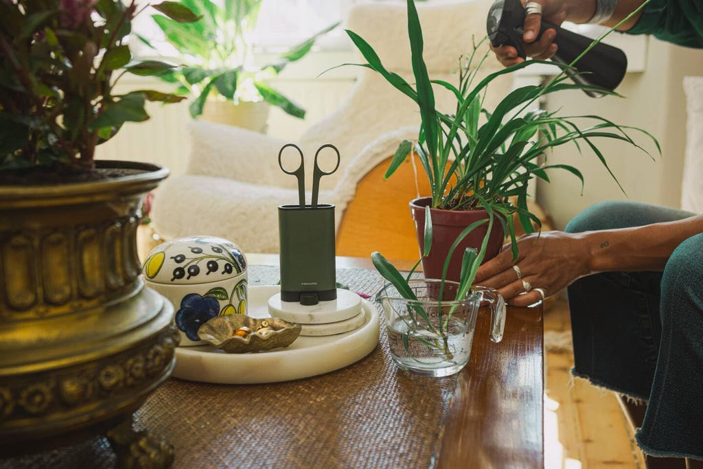 Fiskars Urban Plant Care Small Shears with Holder | For fine cuts on indoor plants, total length 17 cm, stainless steel/plastic, dark green/black, 1075315