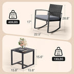 3 Pieces Outdoor Patio Furniture Set Rocking Bistro Set Outdoor Rattan Conversation with Coffee Table for Garden Balcony Backyard Poolside (Grey Cushion)