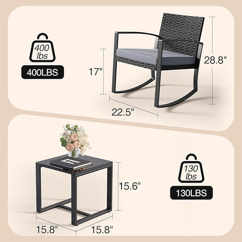 3 Pieces Outdoor Patio Furniture Set Rocking Bistro Set Outdoor Rattan Conversation with Coffee Table for Garden Balcony Backyard Poolside (Grey Cushion)