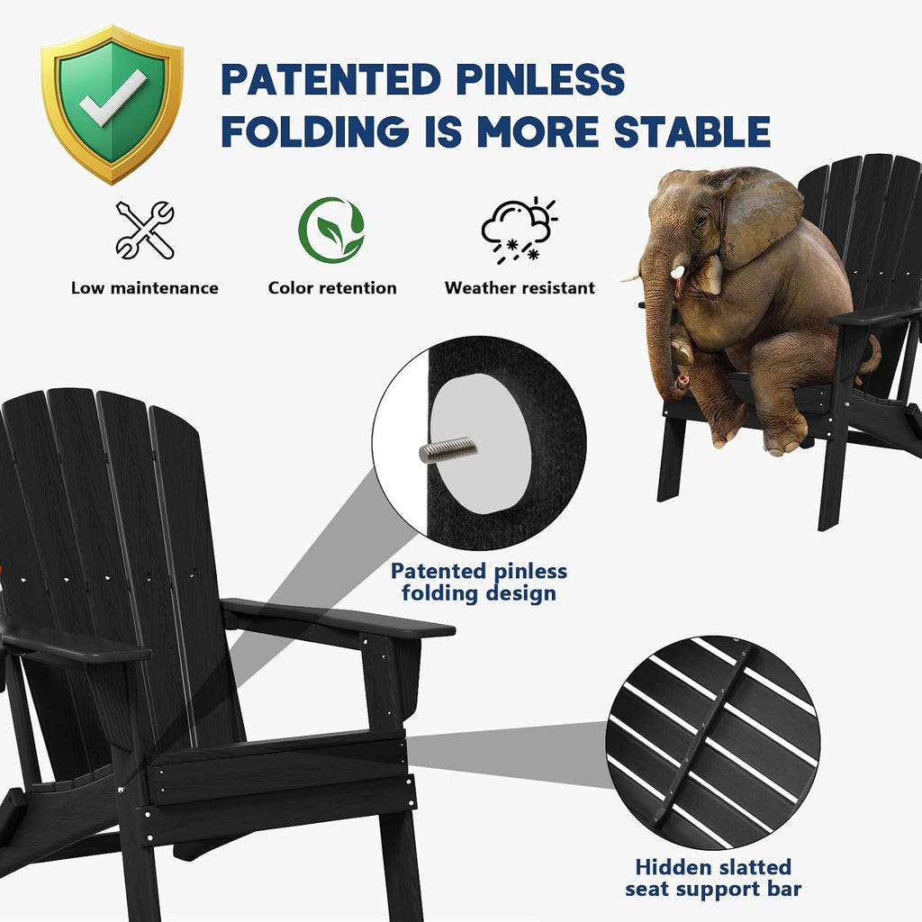 Folding Adirondack Chair Set of 4, Cup Holder，Wooden Textured ，Heavy All-Weather HDPE Comfortable Set Poolside Backyard Lawn Black
