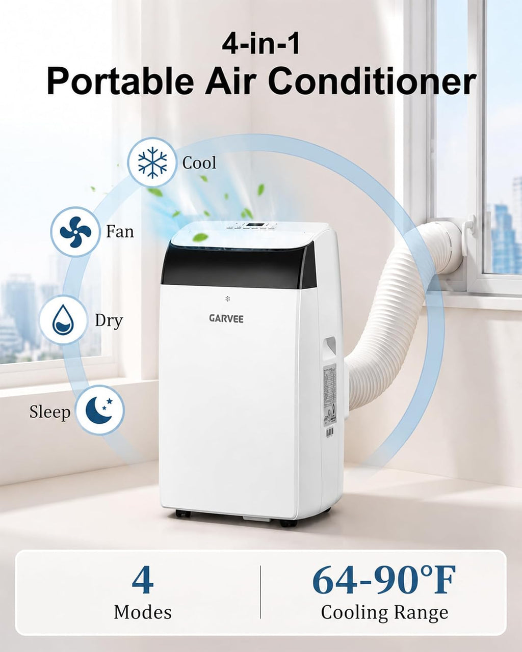 garvee 14000 btu portable ac with black top showing dimensions
