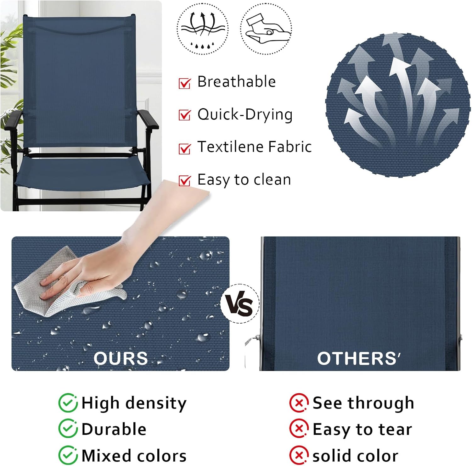 YLGJ&TIDY Folding Patio Chairs Set of 2 Stackable Outdoor Chairs with Armrests Backrest Portable Folding Chair for Patio Garden Camping Fishing Yard Lawn,No Assembly (Blue, 2 Pcs)