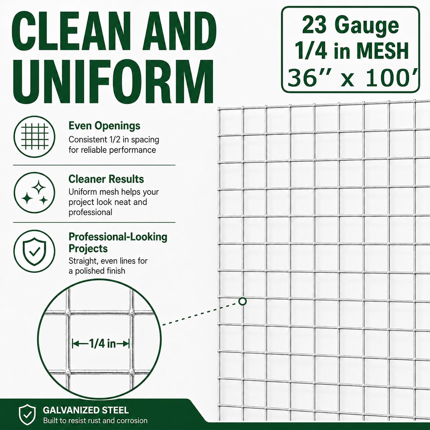 Trenk Hardware Cloth 1/4 inch Wire Mesh Roll 36'' x 100' 23 Gauge | Heavy-Duty Galvanized Chicken Wire Fencing for Garden Fencing, Gopher Mesh, and Small Animal Enclosures