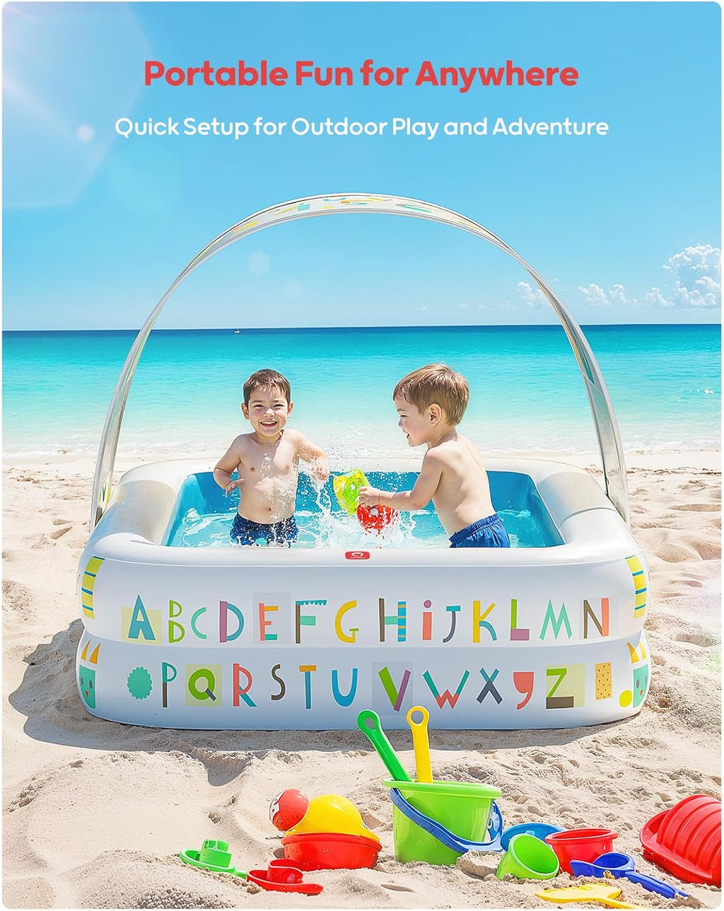 QPAU Baby Pool with Canopy, Inflatable Design, 65 x 39 in, Blue | Inflatable Design with Soft Cushioned Floor, Converts to a Ball Pit for Kids and Toddlers, for Indoor and Backyard Play