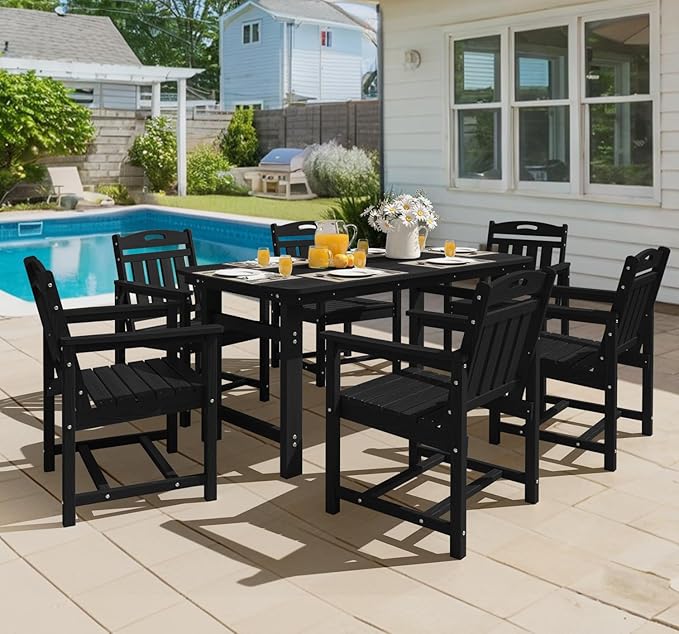 Ciokea HDPE Outdoor Dining Table with Umbrella Hole,66" Rectangle Patio Table for 6,All-Weather Outdoor Patio Furniture Set for Garden Backyard,Black