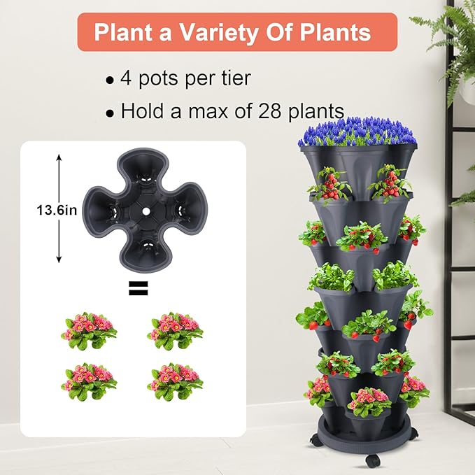 DUNCHATY Stackable Planter, Vertical Garden Planter with Wheels and Tools, Self Watering Strawberry Planter Indoor/Outdoor 7 Tier Herb Planter Pots for Growing Vegetables and Succulents, Dark Gray