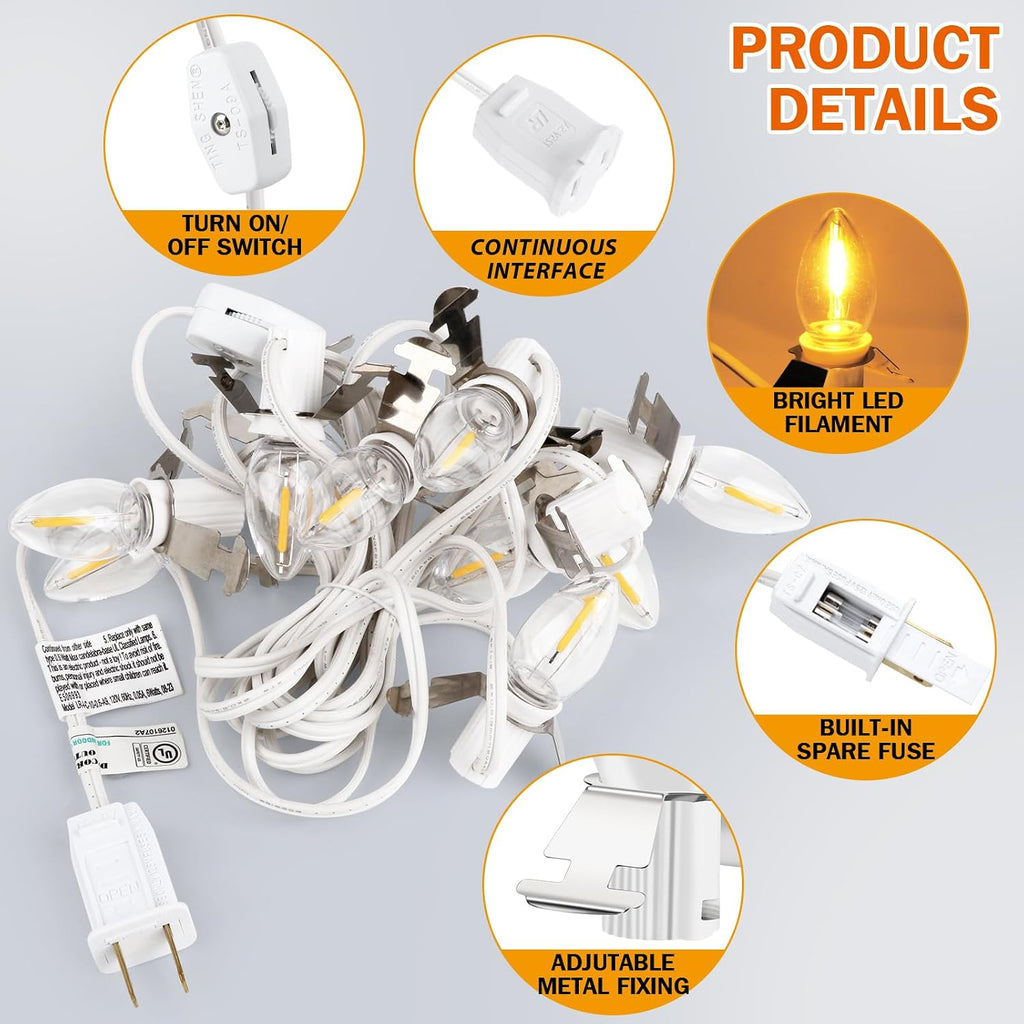 Christmas Village Lights with 4 LED Bulb C7 Accessory White Cord Clip Light | E12 Base Warm White Bulbs for Christmas Village Houses, Halloween Holiday Decoration with On/Off Switch Plugs Spare Fuse