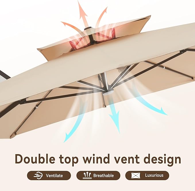 10 X 13 FT Cantilever Outdoor Patio Umbrella with Base Included Large Heavy Duty 360° Rotation Double Top Offset Rectangular Umbrellas with Led Lights for Backyard Outside Deck, Beige