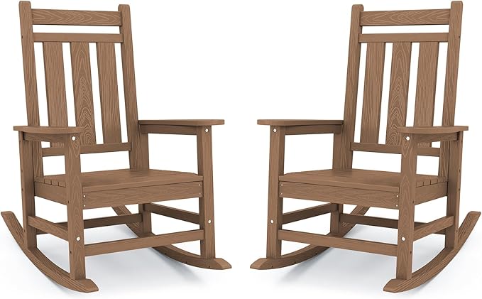 KINGYES Oversized Outdoor Rocking Chair Set of 2, All-Weather Patio Rocking Chairs for Porch, HDPE Outdoor Patio Rockers with High Back & Wide Seat for Garden, Lawn, Brown