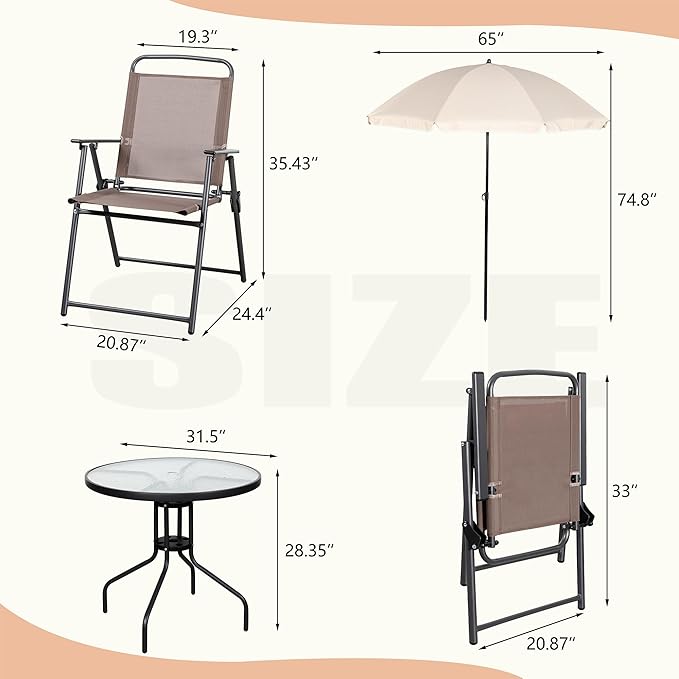 Vongrasig 6 Pieces Folding Patio Dining Set, All Weather Small Metal Outdoor Table and Chair Set, Garden Patio Furniture Set w/Umbrella, Glass Table & 4 Folding Chairs for Lawn, Backyard, Brown