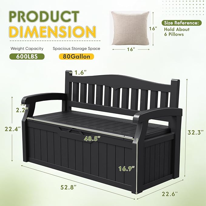 Greesum 80 Gallon Deck Box Storage Bench, Patio Furniture, Lockable, Waterproof and UV Resistant,with Armrest, Suitable for Garden, Porch, Poolside, Dark Black