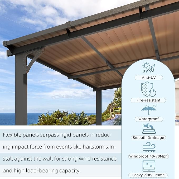AECOJOY 12' x 8' Gazebo Outdoor Pergola for Patio, 8'x12' Hard Top Lean to Pergolas and Gazebos Clearance with Patio Roof Shelter, Large Wall-Mounted Heavy Duty Awnings for Decks, Backyard