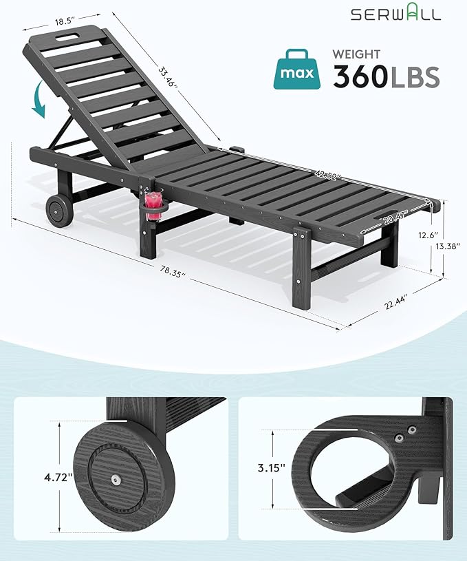SERWALL Outdoor Chaise Lounge Set of 8, HDPE Pool Lounge Chairs with 5-Position Adjustable Backrest, Patio Loungers with Rolling Wheels & Cup Holder for Pool Sunbathing, Grey