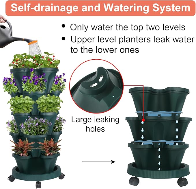 GameXcel Vertical Planter 5 Tier Stackable Planters Garden Planters Strawberry Herb Flower and Vegetable Planter Indoor Outdoor Gardening Pots with Removable Wheels and Tools 2-Pack
