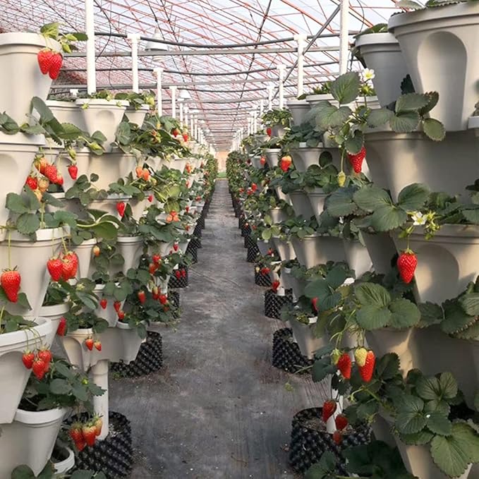 Strawberry Vertical Planters, 6 Tiered Stacking Tower Garden, Stackable Herb Vegetable Planters with Movable Casters and Bottom Saucer Indoor and Outdoor - White