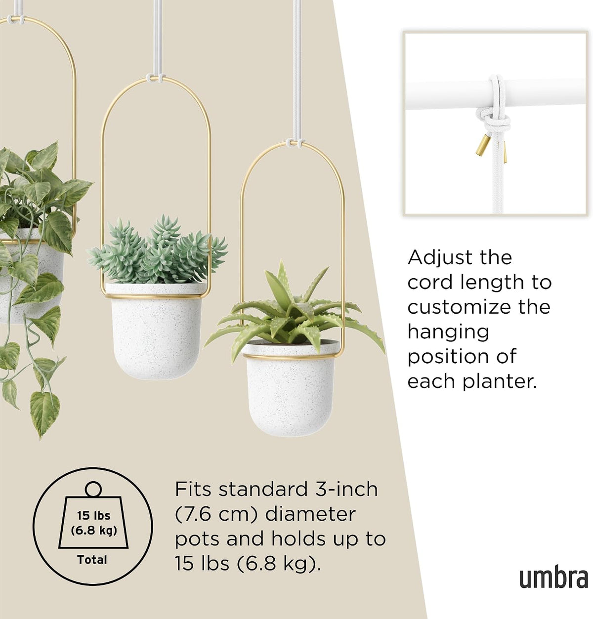 umbra triflora hanging planter, indoor herb garden, set showing dimensions
