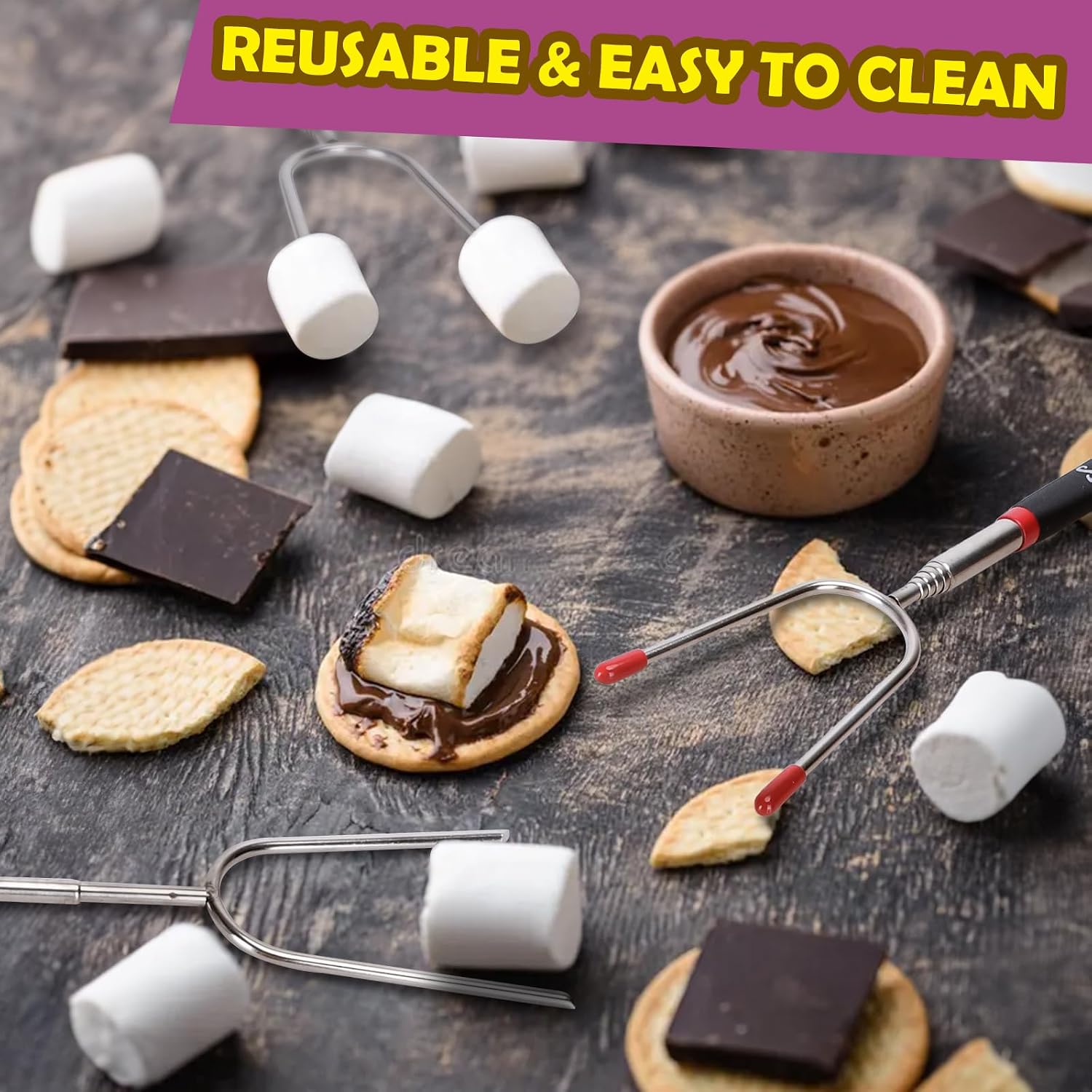 Marshmallow Roasting Sticks Set of 5 | Telescoping Long Smores Sticks for Fire Pit, Hot Dog Sticks for Campfire Grill Bonfire Party Supplies With Storage Sack