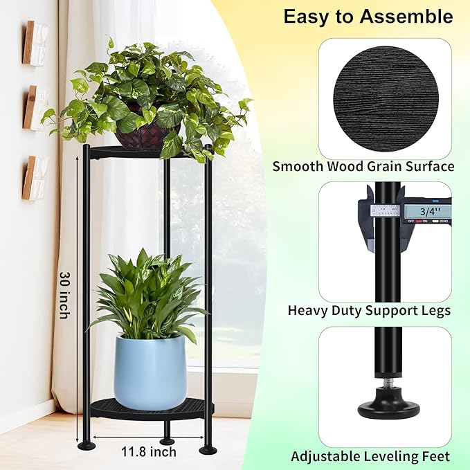 2-Pack Plant Stand Indoor Outdoor, 30'' Tall Plant Stands for Indoor Plants, Heavy Duty Indoor Plant Shelf, 2 Tier Display Rack for Living Room, Balcony, Deck, Black
