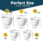 White Gray Plant Pots with Drainage Holes & Saucers 5 Pack, Indoor & Outdoor Stackable Space-Saving Planters for Houseplants & Flowers, (7", 6.7", 6", 5.3", and 4.8" Inches), Durable & Weatherproof