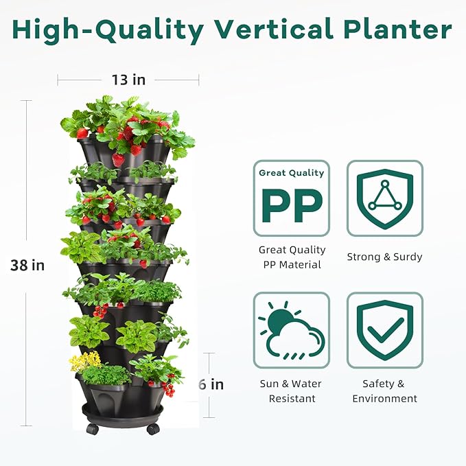 7 Tiered Strawberry Vertical Planter 2 Pack, Stackable Tower Garden Planter Herb Garden Planter with Movable Casters and Bottom Saucer Indoor and Outdoor - Black