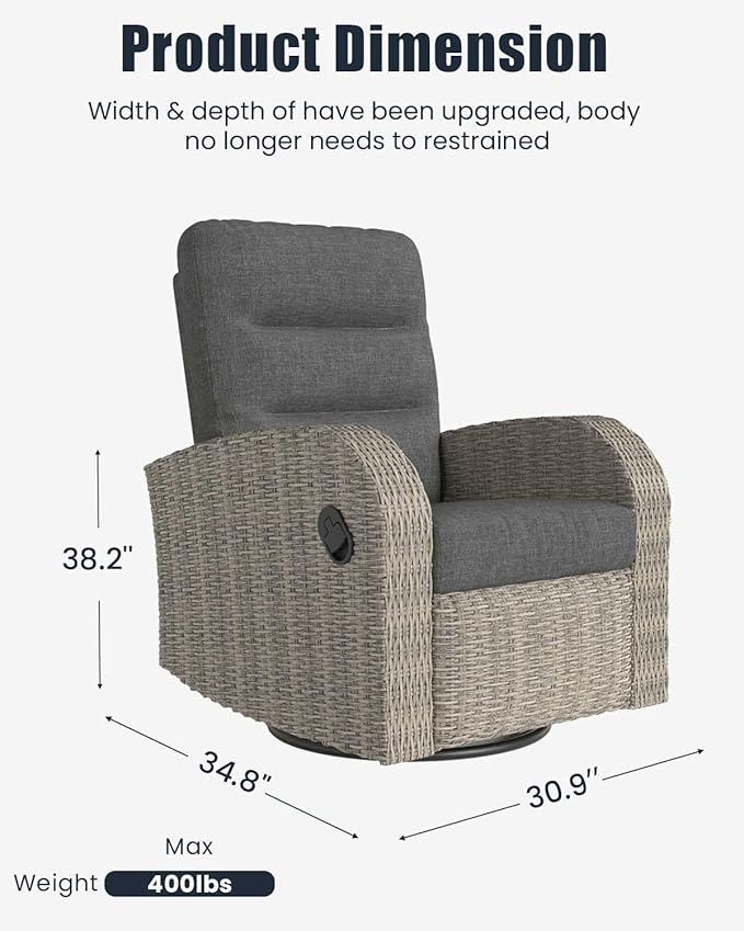 Outdoor Swivel Recliner Chair, All-Weather Wicker Reclining Patio Chair with Adjustable Backrest and Footrest