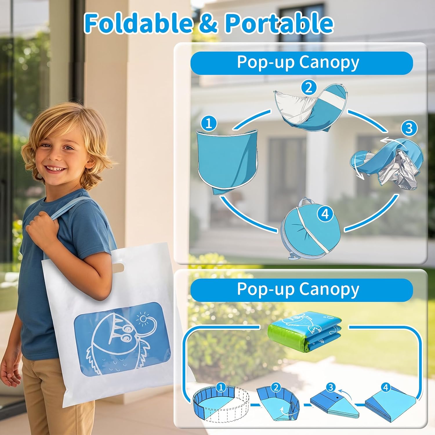 Kids Pool for Toddler, 47in Foldable Kiddie Pool with Canopy & Sprayer | Portable Baby Toddler Pool for Indoor Outdoor, Quick Setup No Tools, Easy Drain Non-Slip Splash Pool for Backyard & Travel