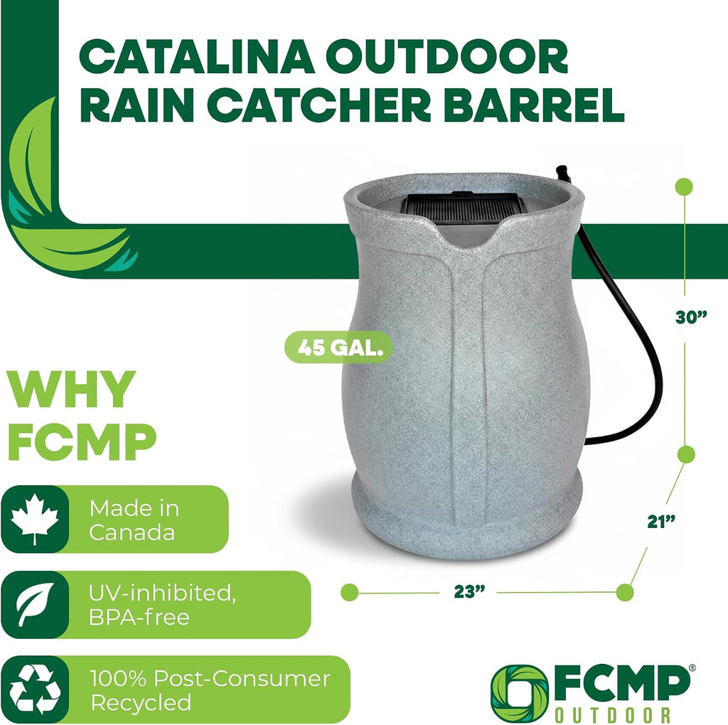 FCMP Outdoor Catalina 45-Gallon Rain Barrel – BPA-Free Flat-Back Design with 3.5 Foot Garden Hose, Shut-Off Thumb Valve, and Fixed Lid (RB-CAT-LTGRNT) Light Granite | BPA-Free Flat-Back Design with 3.5 Foot Garden Hose, Shut-Off Thumb Valve, and Fixed Lid
