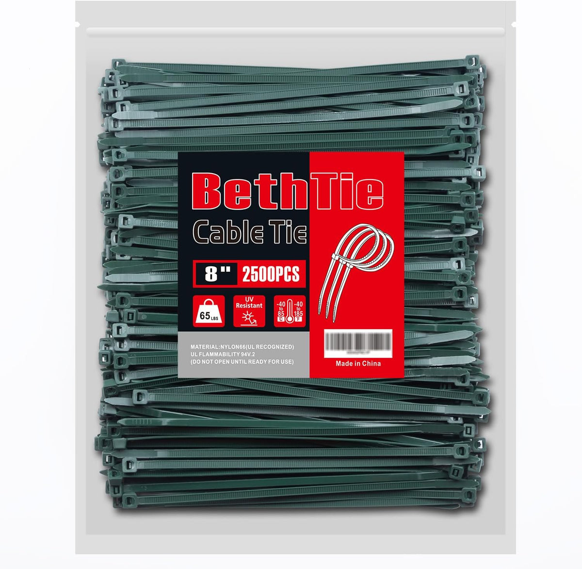 bethtie 8 inch dark green zip ties 2500pcs, main product view