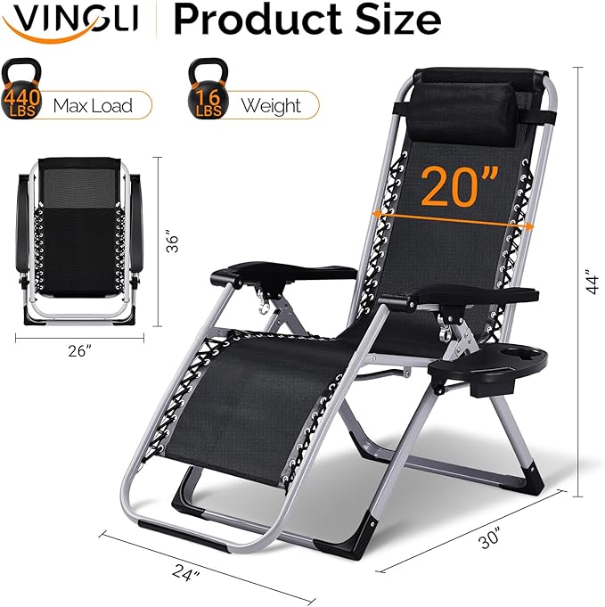 VINGLI Padded Zero Gravity Chair, Lounge Chair with Removable Cushion & Tray， Folding Reclining Patio Chairs， Recliner Chair for Lawn，Indoor and Outdoor-Blue