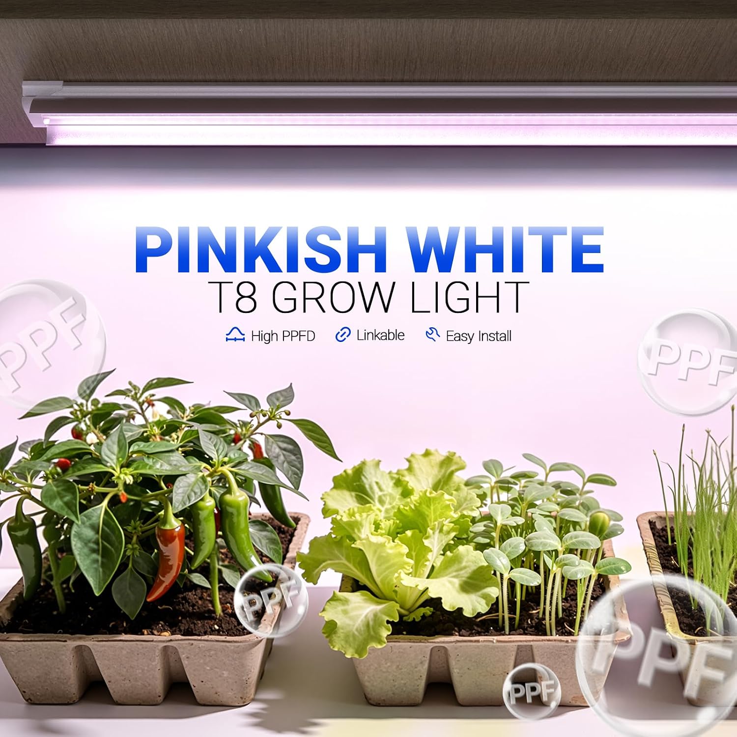 Barrina 4FT T8 Plant Grow Light, 42W Full Spectrum LED Growing Lamp, 6 Pack | 252W(6x42W), V-Shaped Reflector, On/Off Switch, Linkable LED Grow Light for Indoor Plants, Greenhouse, Shelf, Pinkish White