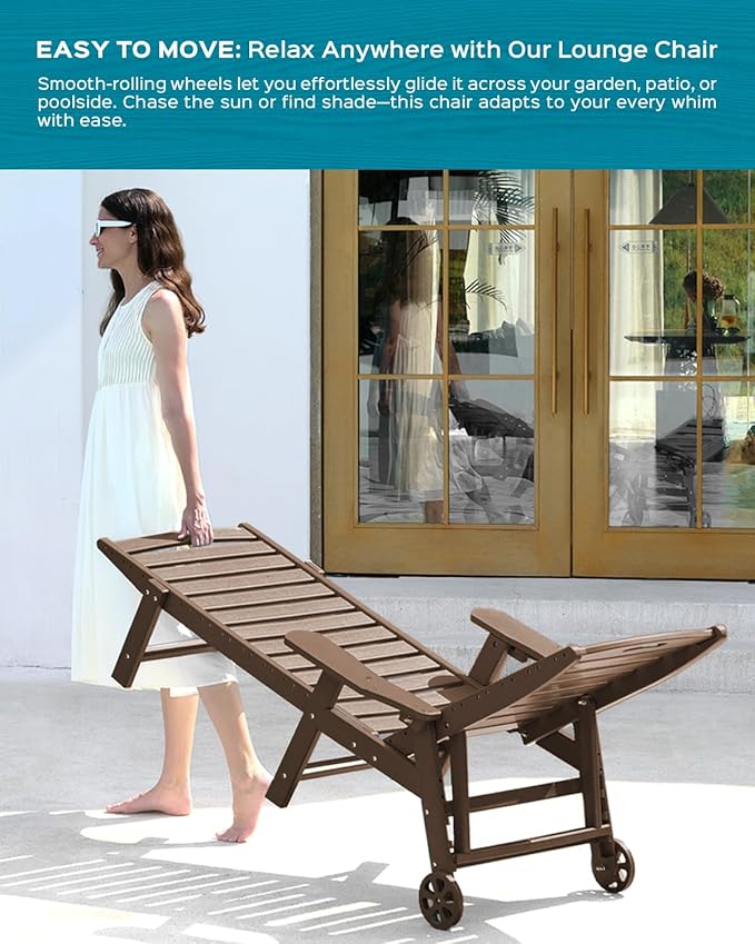 Ciokea Outdoor Lounge Chair Set of 4, All Weather Patio Chaise Lounge Chair for Outside, HDPE Chair with Rolling Wheels & Cup Holder, 5 Position, Deck, Pool, Dark Brown