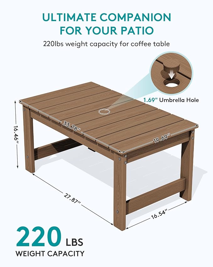 SERWALL Outdoor Coffee Table with 1.69" Umbrella Hole, HDPE Patio Coffee Table for Outside, Rectangle, Brown