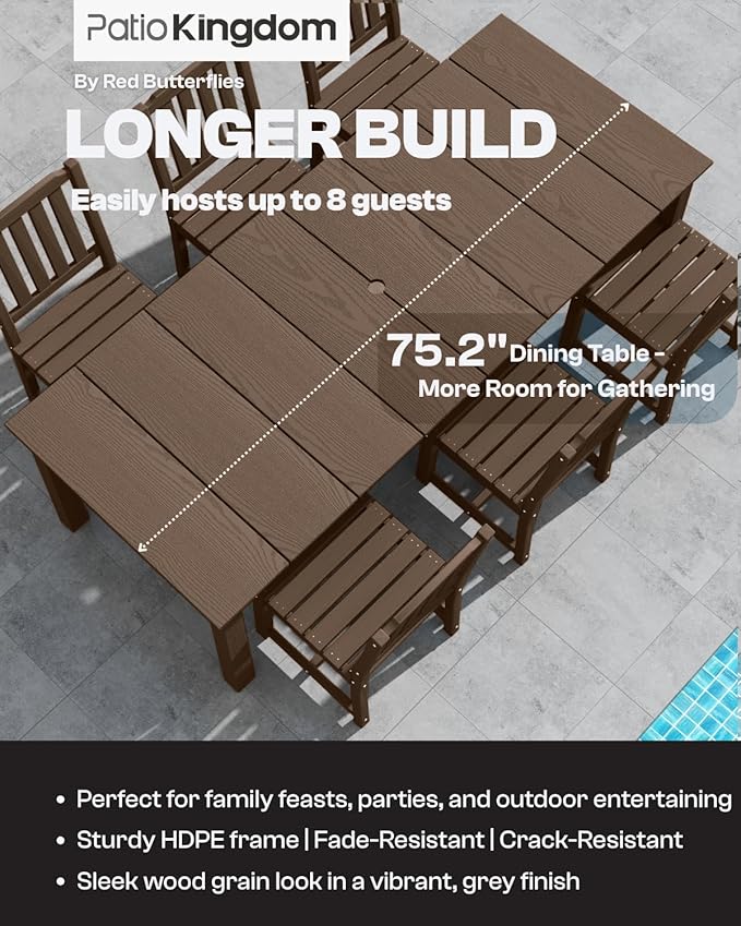 5-Piece Brown Outdoor Dining Set for 4, 75.2'' HDPE Table with Umbrella Hole & Chairs, Weather-Resistant Patio Furniture for Garden, Lawn, or Poolside