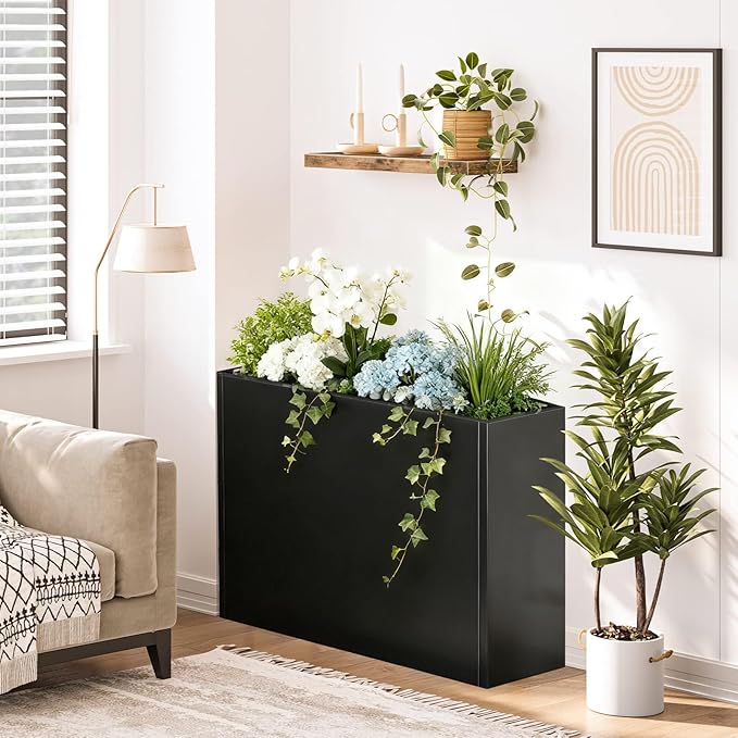 Metal Large Planter Box 38" L x 13" W x 30" H, Heavy Duty Tall Rectangle Outdoor Planter Box with Removable Insert Shelves for Porch, Garden, Patio, Yard (Black)