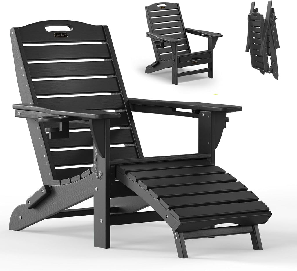 Folding Adirondack Chair with Retractable Ottoman Weather Resistant Fire Pit Chair Patio Chair with 2 Cup Holder Lawn Outdoor Lounge Chair (Black)