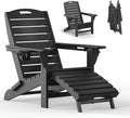 Folding Adirondack Chair with Retractable Ottoman Weather Resistant Fire Pit Chair Patio Chair with 2 Cup Holder Lawn Outdoor Lounge Chair (Black)