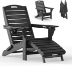 Folding Adirondack Chair with Retractable Ottoman Weather Resistant Fire Pit Chair Patio Chair with 2 Cup Holder Lawn Outdoor Lounge Chair (Black)