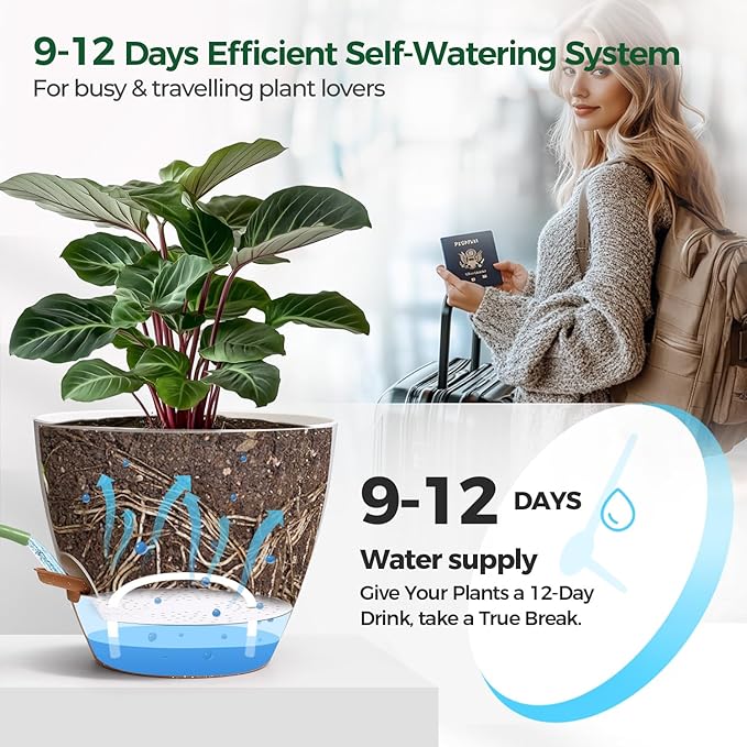 T4U 5 Pack Self Watering Pots (6"+8"+9"+10"+12") - Water Level Indicator & Deep Reservoir, Mess-Free Planters for Busy People, Beginners & Gardeners, Fit Most Plants, Indoor Outdoor Use (White)