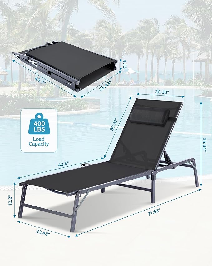 4 Pack Foldable Chaise Lounge Chair with Cup Holder, Assemble-Free Outdoor Lounge Chair with Detachable Pillow and 6 Adjustable Backrest, Patio Lounge Chair for Outside Poolside Beach Pool, Black