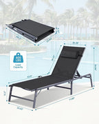 4 Pack Foldable Chaise Lounge Chair with Cup Holder, Assemble-Free Outdoor Lounge Chair with Detachable Pillow and 6 Adjustable Backrest, Patio Lounge Chair for Outside Poolside Beach Pool, Black