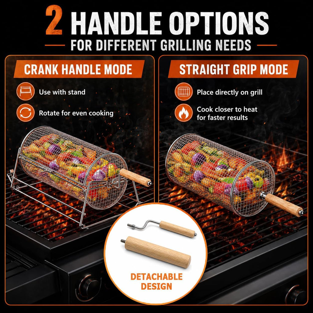 2-in-1 Rolling Grill Basket 304 Stainless Steel Rotatable with Dual Handles | Crank & Straight Grip Handles, Grill Net for Vegetables Shrimp & More, Ideal BBQ Gift for Men, Dad, Husband, Dishwasher Safe