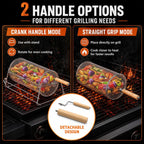 2-in-1 Rolling Grill Basket 304 Stainless Steel Rotatable with Dual Handles | Crank & Straight Grip Handles, Grill Net for Vegetables Shrimp & More, Ideal BBQ Gift for Men, Dad, Husband, Dishwasher Safe
