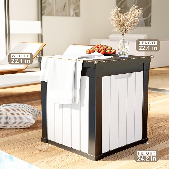 DRATO 51 Gallon Deck Boxes Resin Outdoor Storage Box UV Resistant Outside Deck Box with Lockable Lid for Patio Furniture（Black and White，51 Gallon）