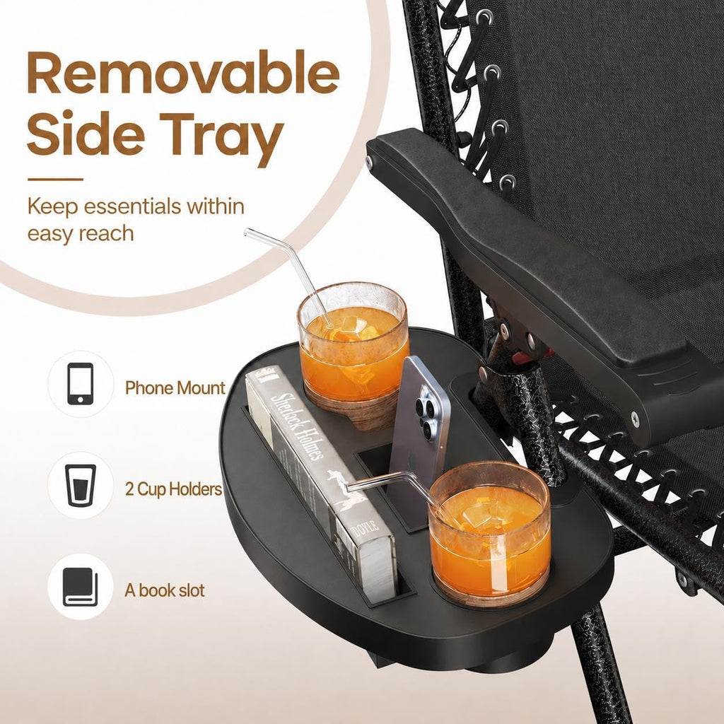 Yaheetech 26" Zero Gravity Recliners Adjustable Set of 2, Dark Black | Outdoor Folding Reclining Lounge Chairs w/Pillows, Cup Holder Trays and Carry Strap for Camping, Backyard, Beach, Indoor