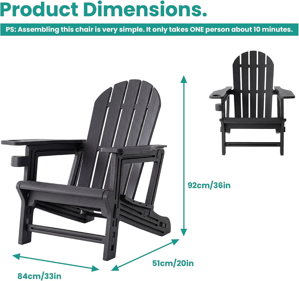 SUNBURY Outdoor Adirondack Chair, Set of 1 HDPE Chair w Cup Holder | 0 Screws Wood Textur Garden DIY Chair Weather Resistant, Fire Pit Chair, Plastic Patio Chair for Deck,Backyard,Garden, Black