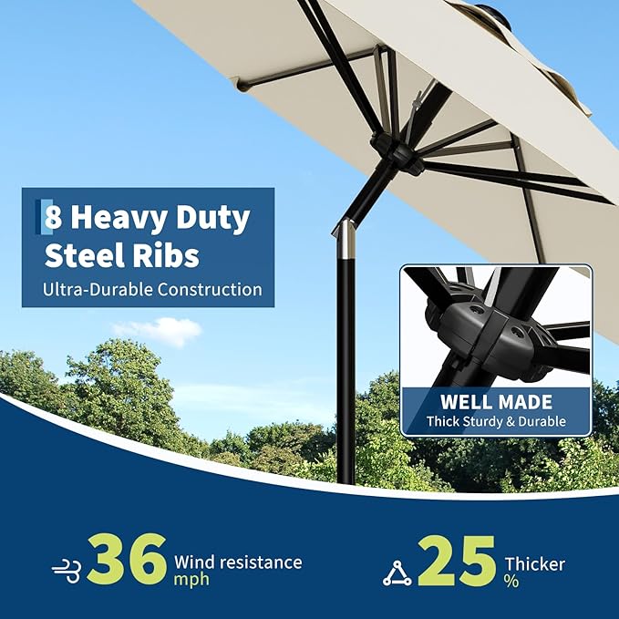 Garvee 9FT Patio Umbrella - Outdoor Table Umbrella with Smooth Crank Lift, Push Button Tilt and 8 Sturdy Ribs - Market Umbrella UV Protection Waterproof for Pool, Deck, Yard, Garden -Beige