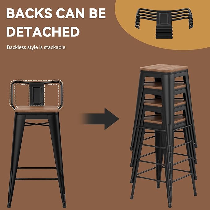 Yongchuang 30 inch Bar Stools Set of 2 Bar Height Metal Barstools with Wood Seat Low Back Kitchen Bar Chairs Matte Black