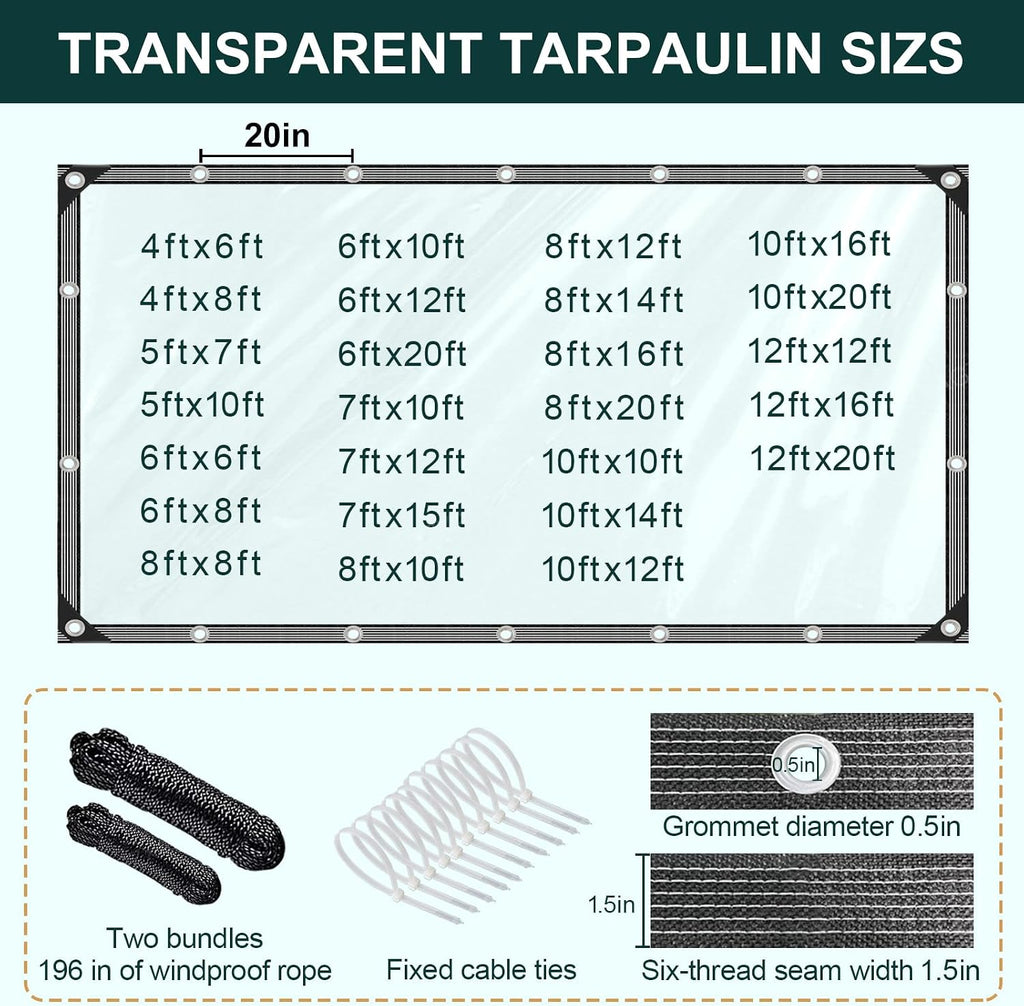 clear tarp with grommets 8x12 ft heavy duty showing dimensions