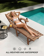 Carauci Lounge Chair Outdoor, HDPE Chaise Lounge with Wheels, 5-Position Adjustable Backrest & 2 Cup Holders Patio Lounge Chair, All-Weather Pool Sun Lounger for Poolside, Backyard, Teak